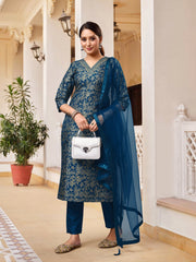 RAMA  COLOURED  WOMEN'S  RAYON SILK  KURTA WITH  DUPATTA SET