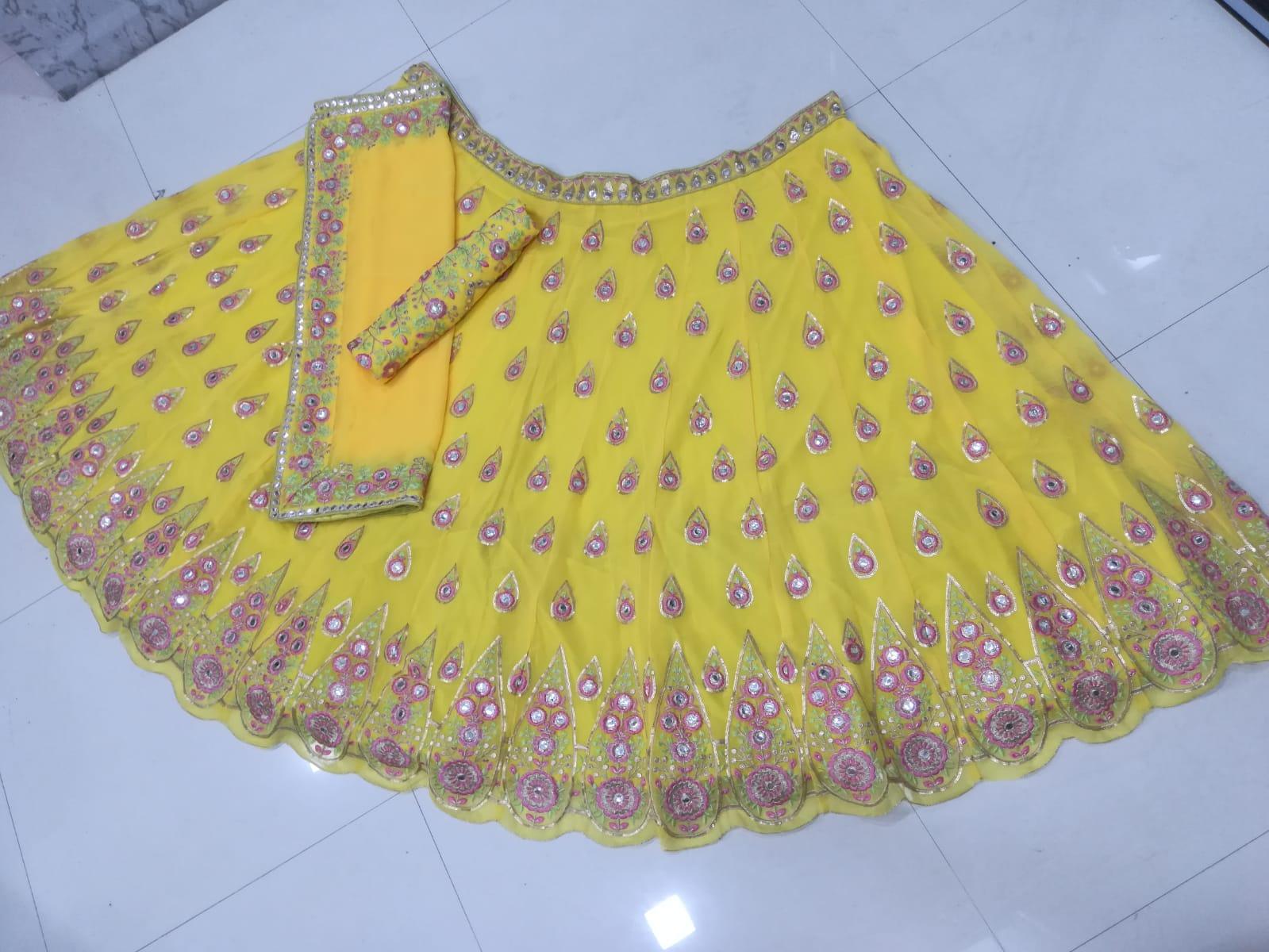 Yellow Georgette Mirror Embroidery Work Lehenga Choli