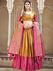 Turmeric Yellow Zari Weaving Work Jacquard Silk Dhavani Set Lehenga Choli
