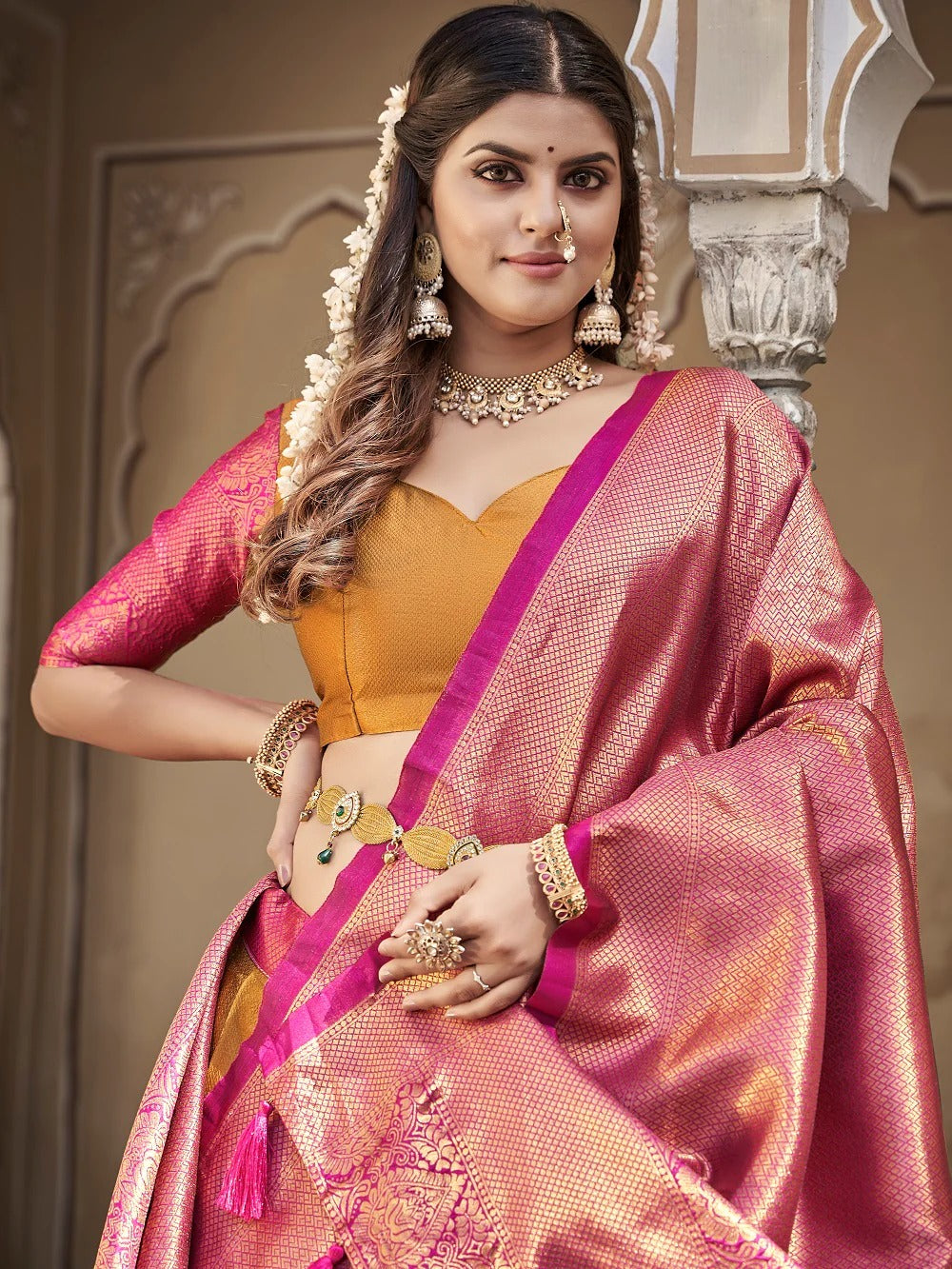 Turmeric Yellow Zari Weaving Work Jacquard Silk Dhavani Set Lehenga Choli