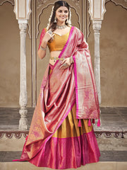 Turmeric Yellow Zari Weaving Work Jacquard Silk Dhavani Set Lehenga Choli