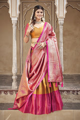 Turmeric Yellow Zari Weaving Work Jacquard Silk Dhavani Set Lehenga Choli