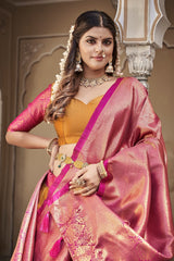 Turmeric Yellow Zari Weaving Work Jacquard Silk Dhavani Set Lehenga Choli
