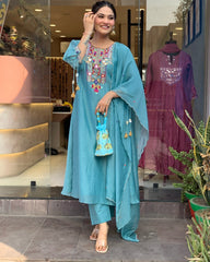 YAMINI BLUE COLOURED  WOMEN'S CHANDERI SILK EMBROIDERED  KURTA WITH PANT DUPATTA SET