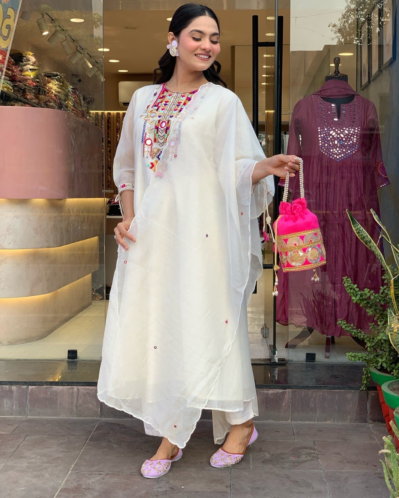 YAMINI WHITE COLOURED  WOMEN'S CHANDERI SILK EMBROIDERED  KURTA WITH PANT DUPATTA SET