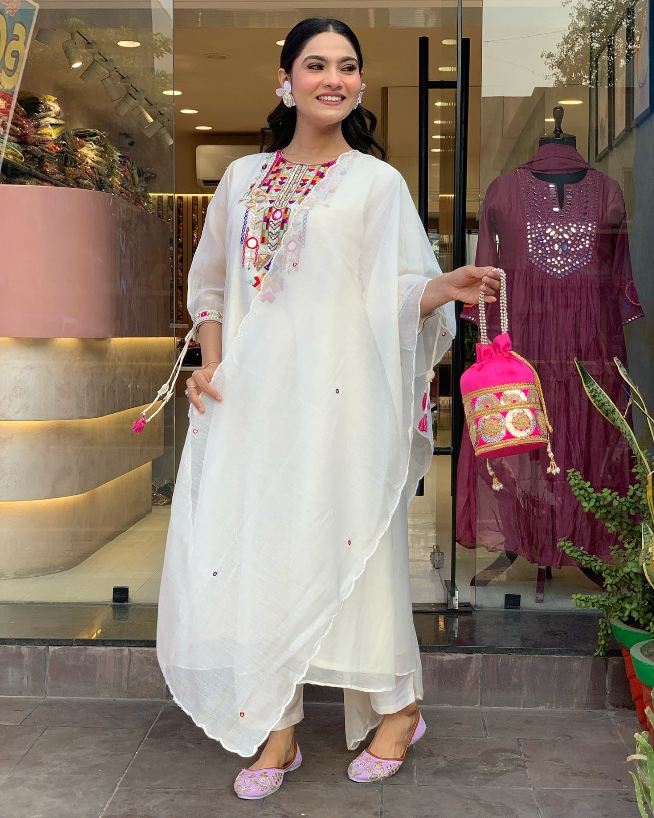 YAMINI WHITE COLOURED  WOMEN'S CHANDERI SILK EMBROIDERED  KURTA WITH PANT DUPATTA SET
