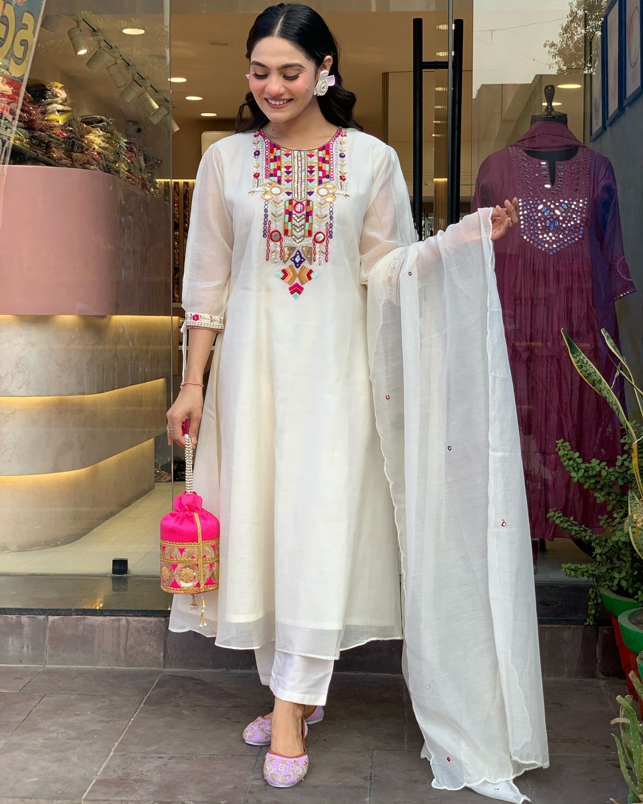 YAMINI WHITE COLOURED  WOMEN'S CHANDERI SILK EMBROIDERED  KURTA WITH PANT DUPATTA SET