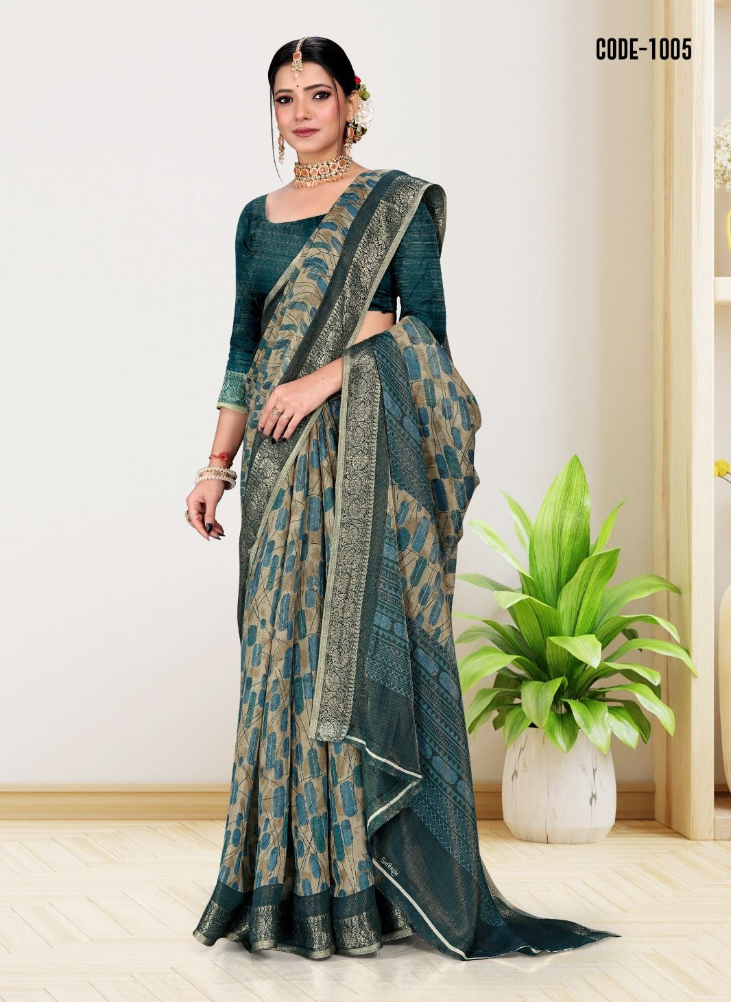 Weaving zari Jacquard border Cotton saree with blouse for women