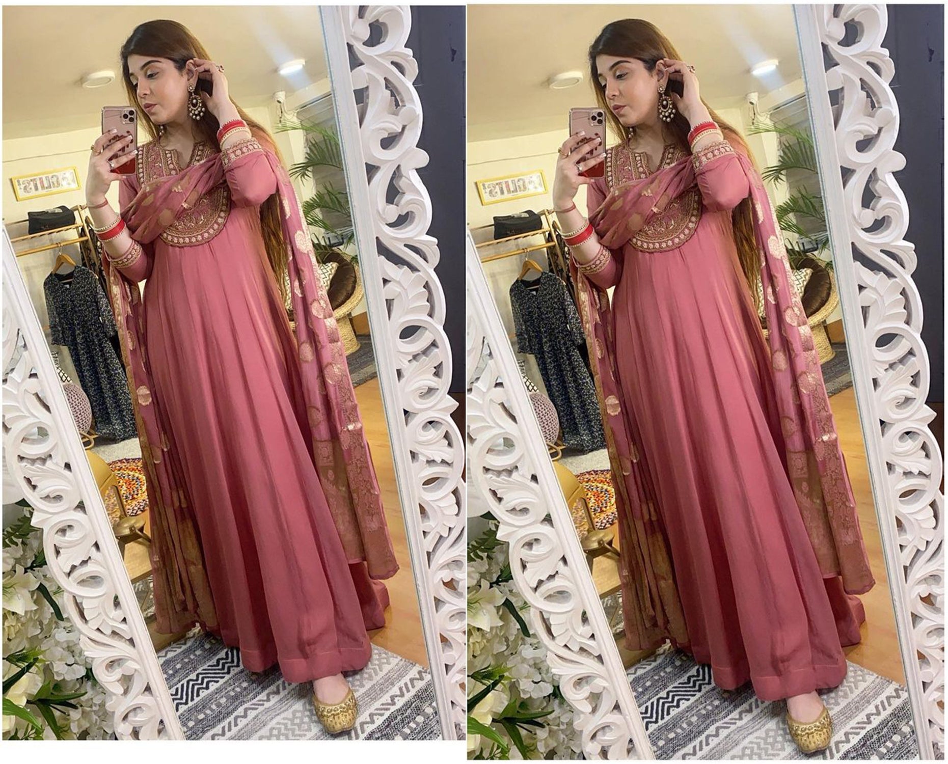 BRIGHTEN WEAR GAJARI COLORED EMBROIDERY FAUX GEORGETTE FLOOR TOUCH ANARKALI WITH DUPATTA
