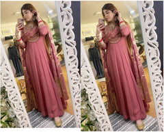 BRIGHTEN WEAR GAJARI COLORED EMBROIDERY FAUX GEORGETTE FLOOR TOUCH ANARKALI WITH DUPATTA