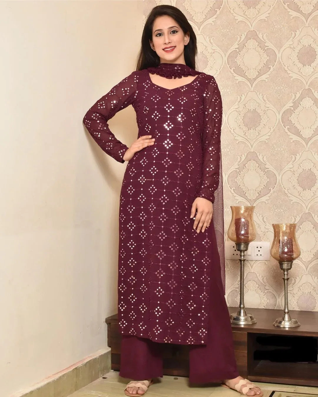 MAROON COLORED PARTYWEAR EMBROIDERED MIRROR WORKED KURTA  SET