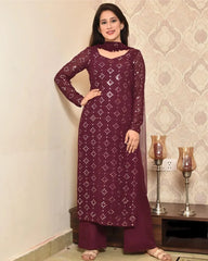 MAROON COLORED PARTYWEAR EMBROIDERED MIRROR WORKED KURTA  SET