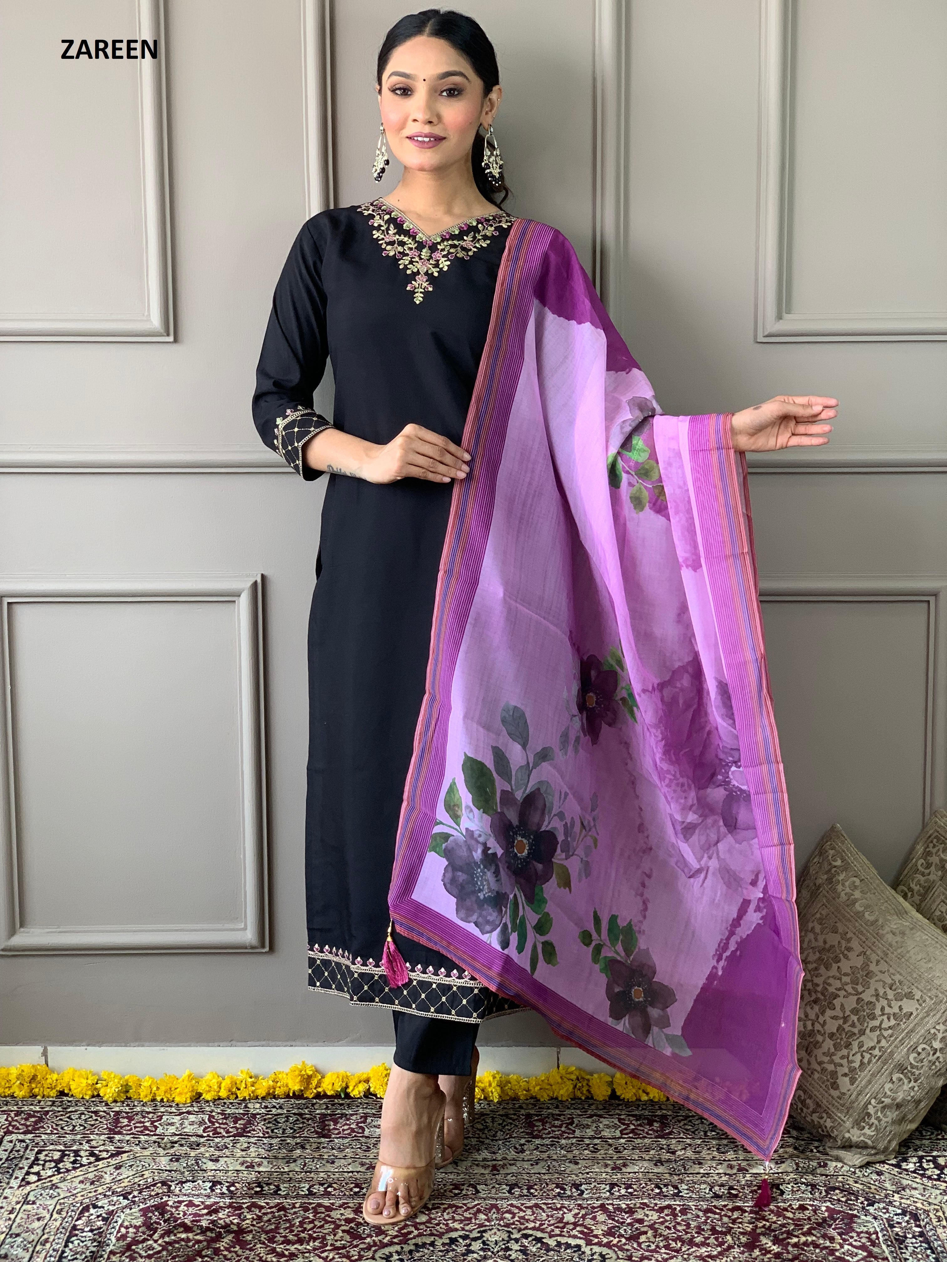 BLACK  COLOURED  WOMEN'S VISCOSE CHANDERI  EMBROIDERED  KURTA WITH PANT DUPATTA SET
