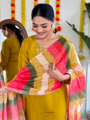 YELLOW COLOURED  WOMEN'S VISCOSE CHANDERI  EMBROIDERED  KURTA WITH PANT DUPATTA SET