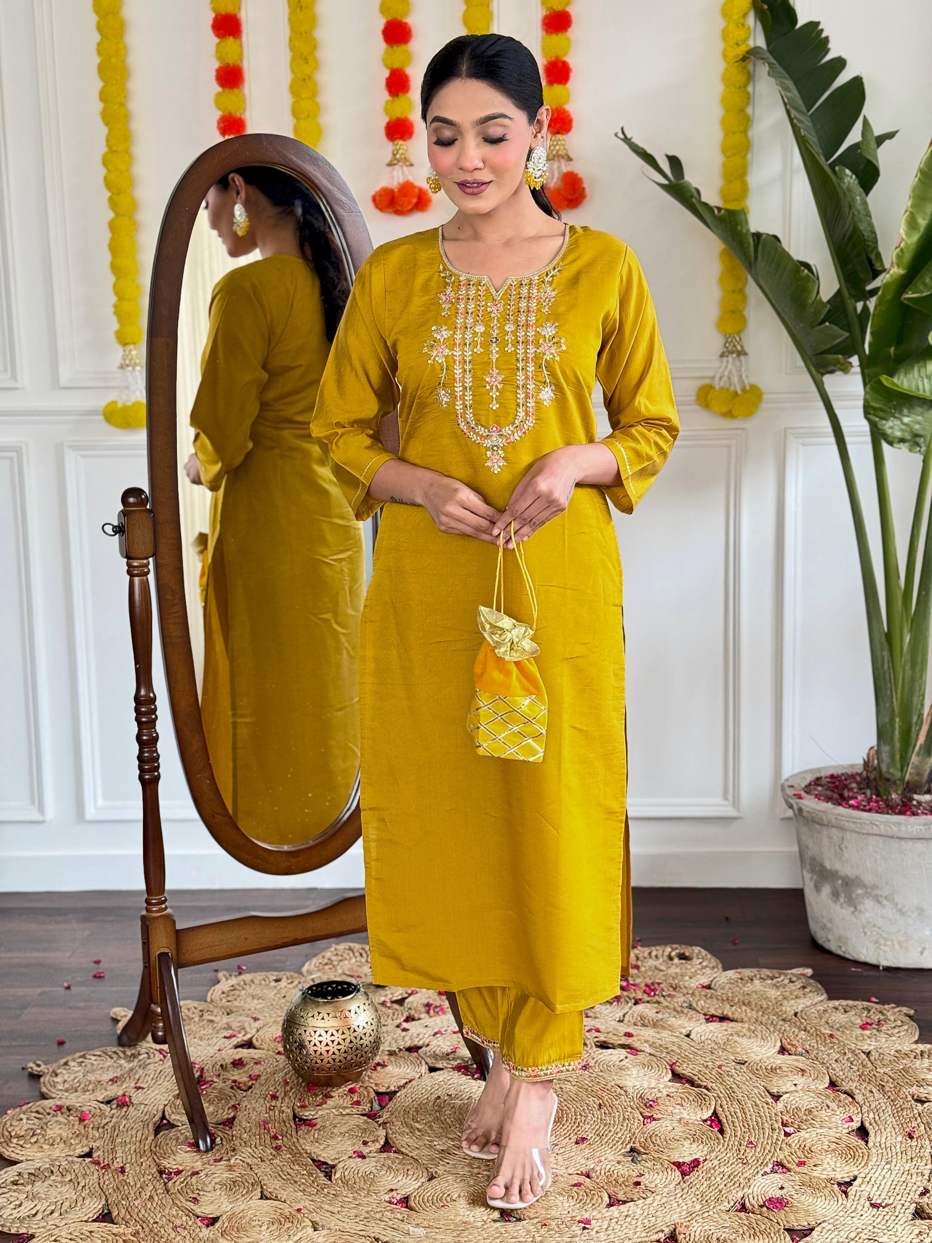 YELLOW COLOURED  WOMEN'S VISCOSE CHANDERI  EMBROIDERED  KURTA WITH PANT DUPATTA SET