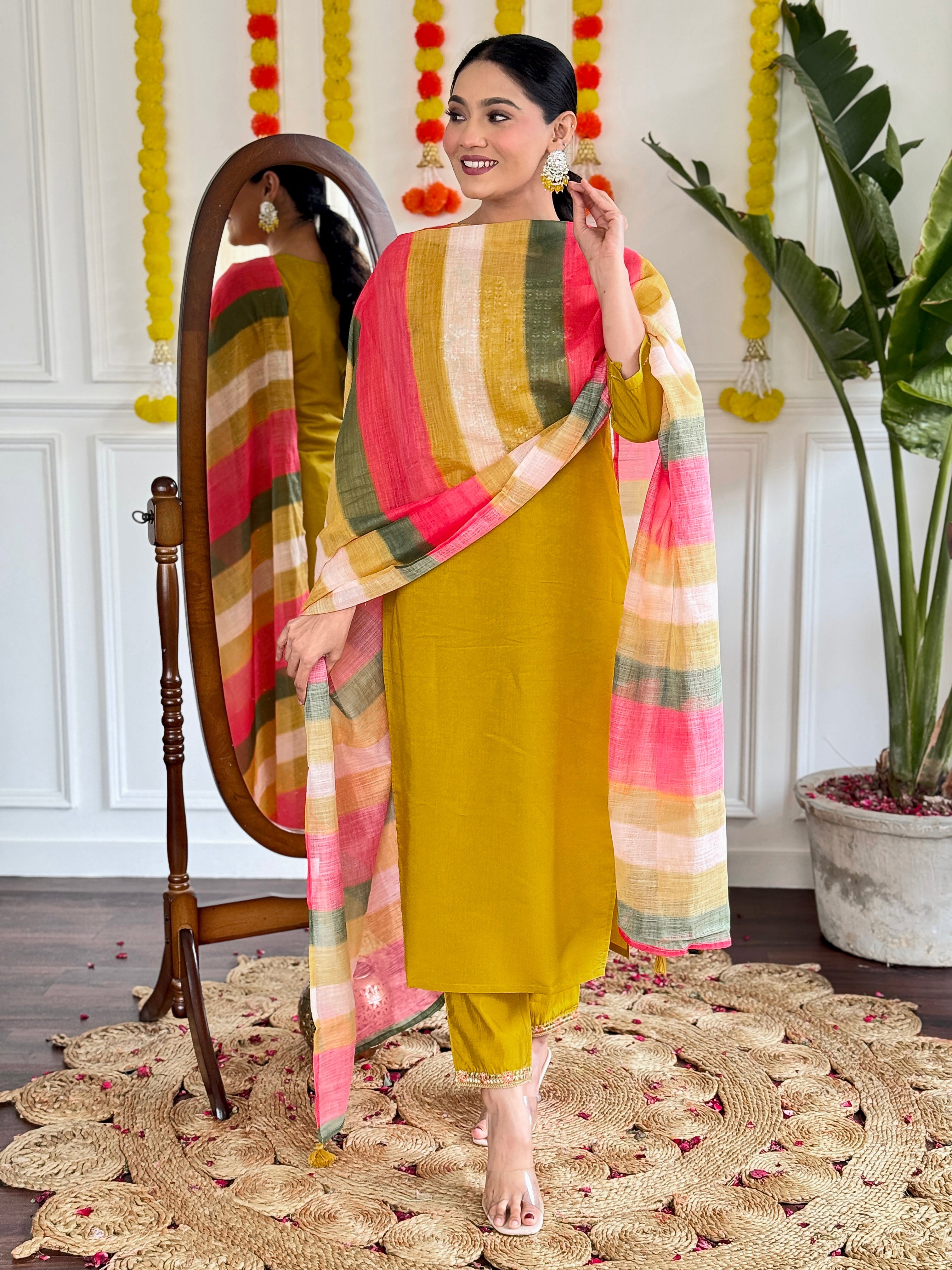 YELLOW COLOURED  WOMEN'S VISCOSE CHANDERI  EMBROIDERED  KURTA WITH PANT DUPATTA SET