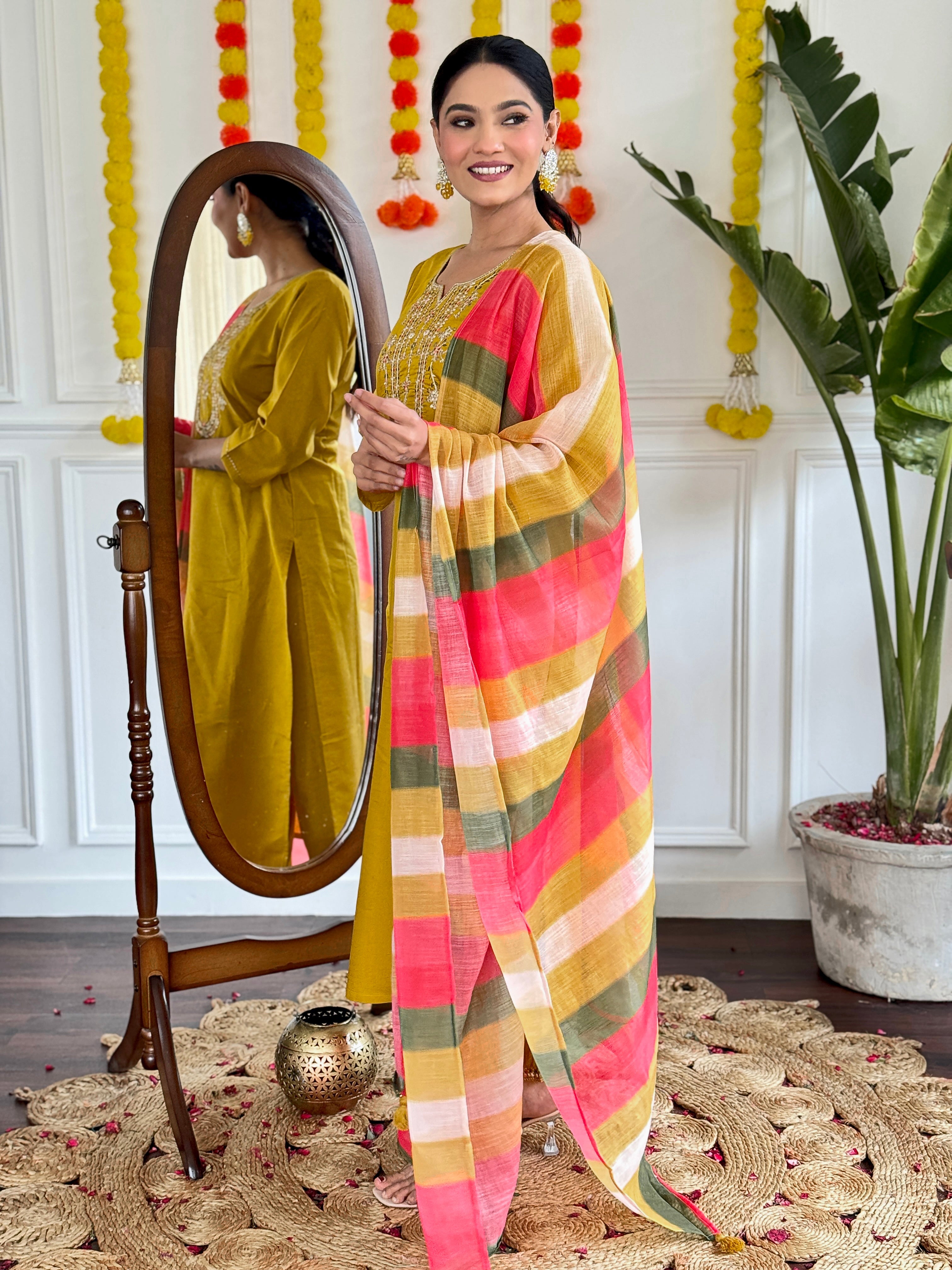 YELLOW COLOURED  WOMEN'S VISCOSE CHANDERI  EMBROIDERED  KURTA WITH PANT DUPATTA SET