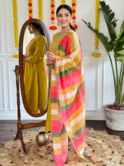 YELLOW COLOURED  WOMEN'S VISCOSE CHANDERI  EMBROIDERED  KURTA WITH PANT DUPATTA SET