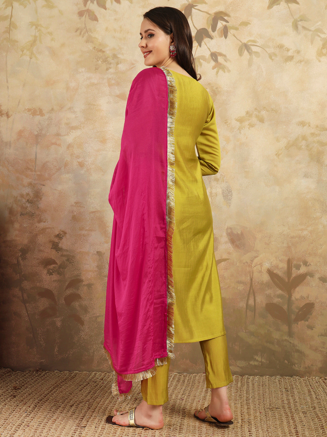 YELLOW COLOURED  WOMEN'S VISCOSE CHANDERI  EMBROIDERED  KURTA WITH PANT DUPATTA SET