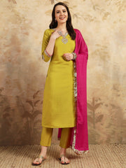 YELLOW COLOURED  WOMEN'S VISCOSE CHANDERI  EMBROIDERED  KURTA WITH PANT DUPATTA SET