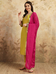 YELLOW COLOURED  WOMEN'S VISCOSE CHANDERI  EMBROIDERED  KURTA WITH PANT DUPATTA SET