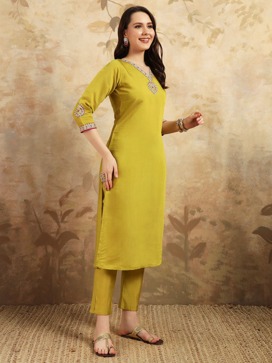 YELLOW COLOURED  WOMEN'S VISCOSE CHANDERI  EMBROIDERED  KURTA WITH PANT DUPATTA SET
