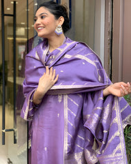 JENA LAVENDER  COLOURED  WOMEN'S VISCOSE CHANDERI KURTA WITH PANT DUPATTA  SET