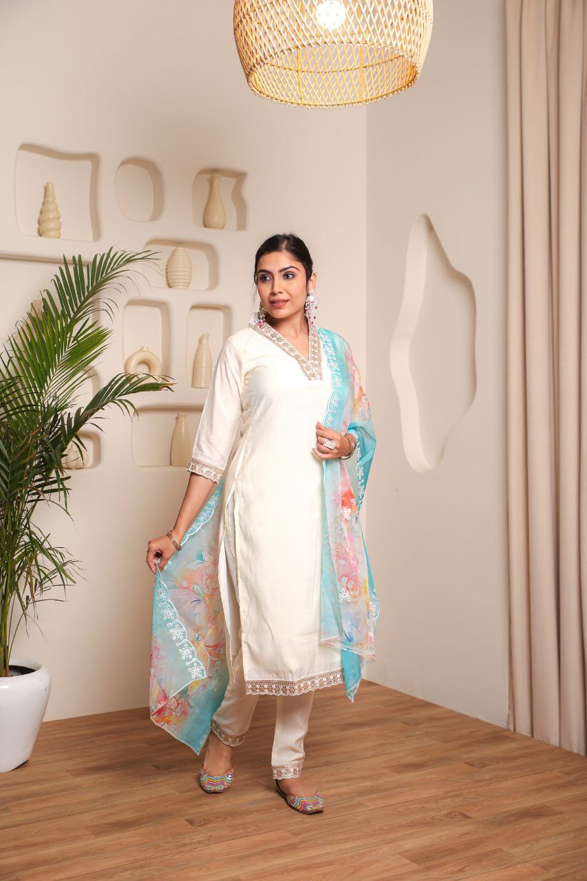 WHITE COLOURED  WOMEN'S VISCOSE CHANDERI  EMBROIDERED  KURTA WITH PANT DUPATTA SET