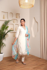 WHITE COLOURED  WOMEN'S VISCOSE CHANDERI  EMBROIDERED  KURTA WITH PANT DUPATTA SET