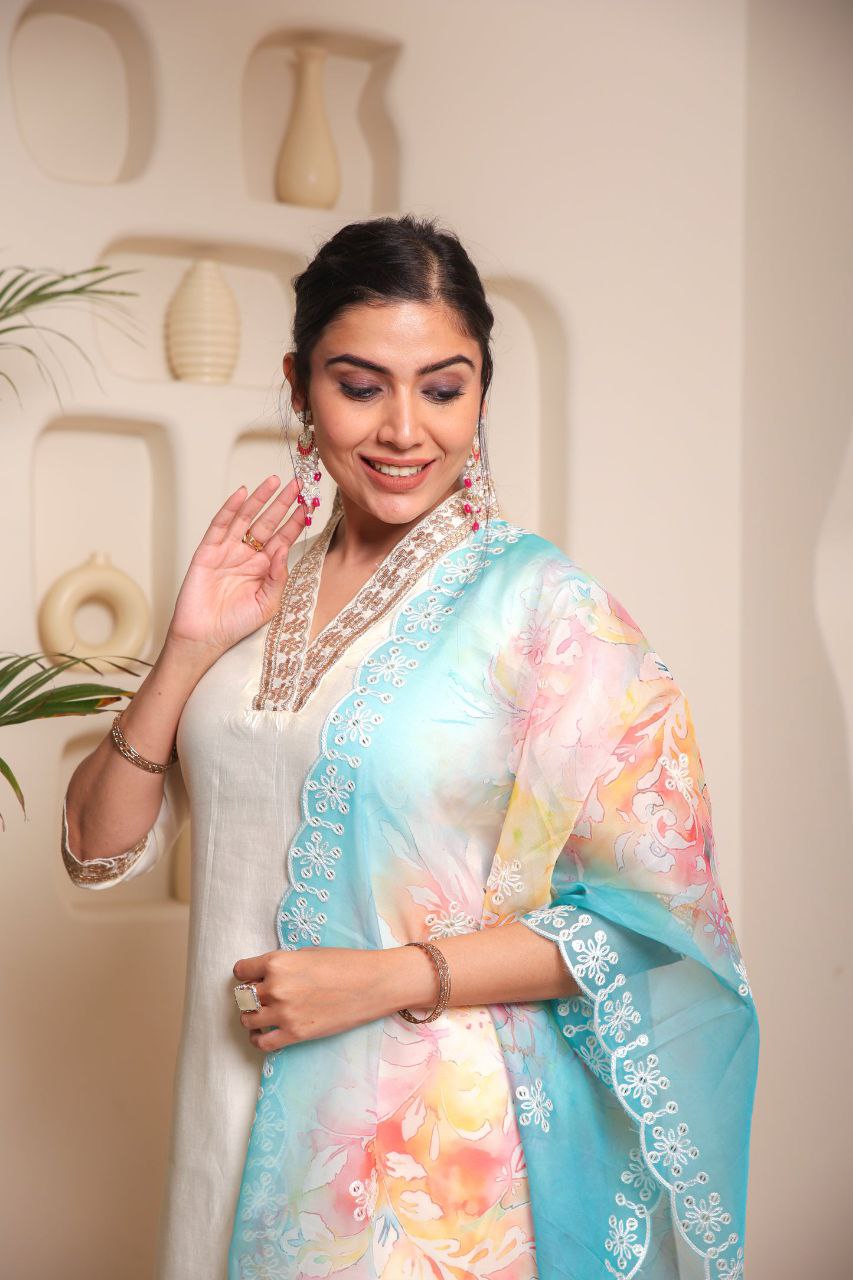 WHITE COLOURED  WOMEN'S VISCOSE CHANDERI  EMBROIDERED  KURTA WITH PANT DUPATTA SET