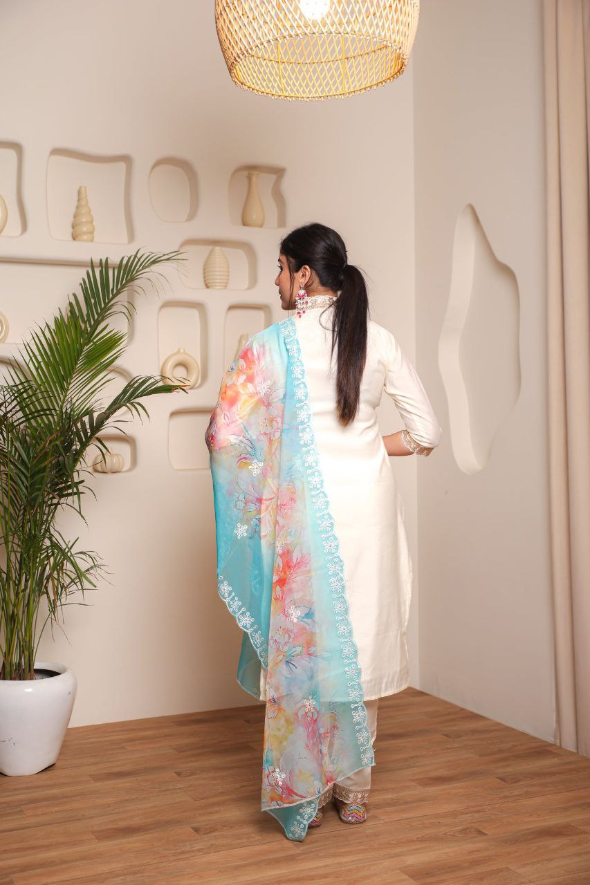 WHITE COLOURED  WOMEN'S VISCOSE CHANDERI  EMBROIDERED  KURTA WITH PANT DUPATTA SET