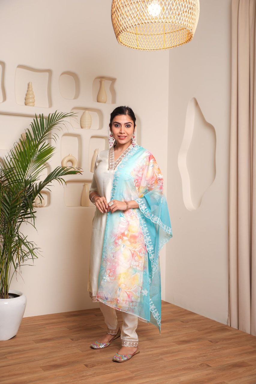 WHITE COLOURED  WOMEN'S VISCOSE CHANDERI  EMBROIDERED  KURTA WITH PANT DUPATTA SET