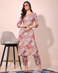Multi printed cotton tow piece  kurta set (Multicolour)