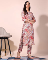 Stylish Slub Cotton Printed Kurta Set with Matching Trouser & Crape Dupatta | Everyday & Office Wear Suit Malaysia