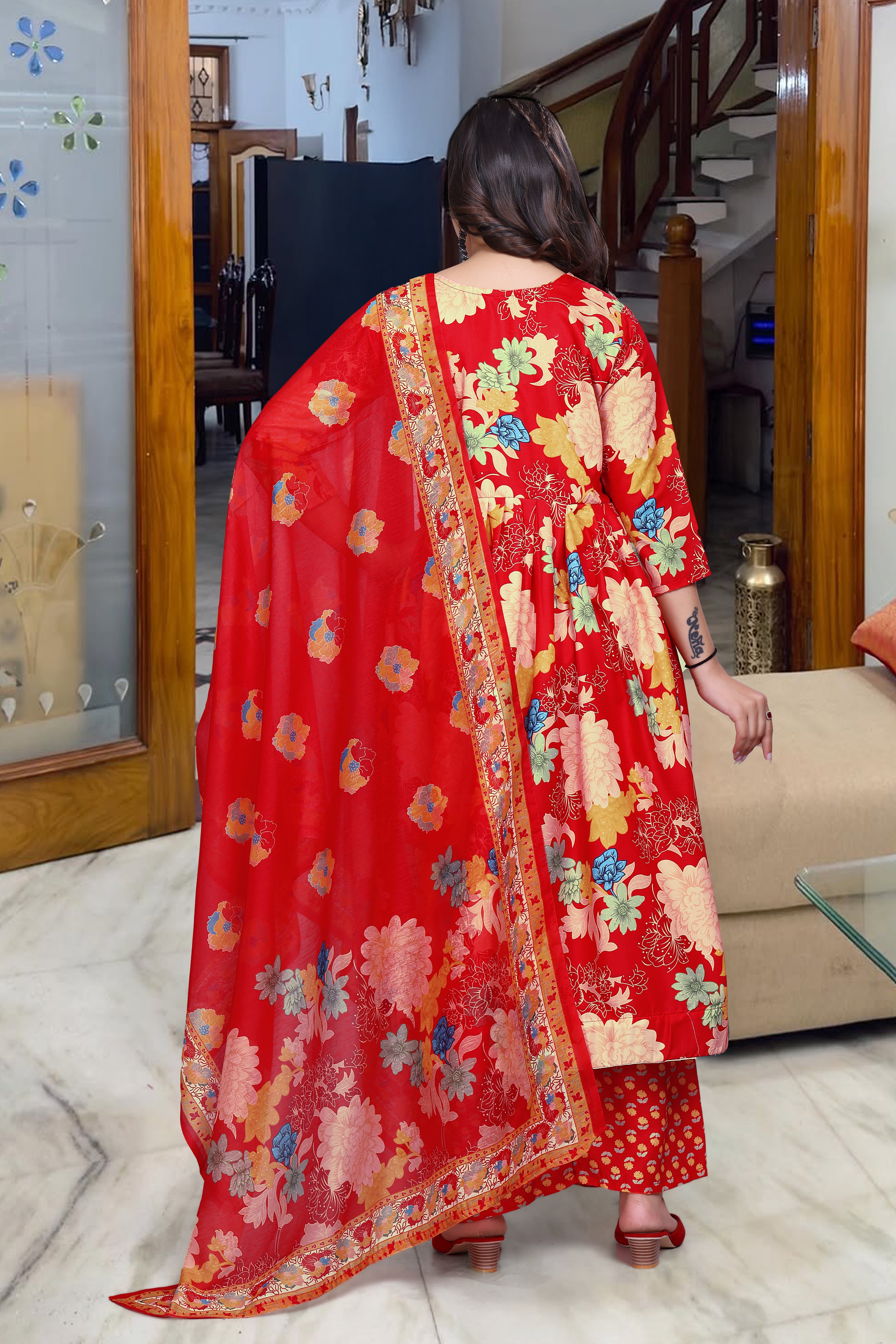 RED COLOURED  WOMEN'S CHANDERI COTTON KURTA WITH PANT DUPATTA  SET