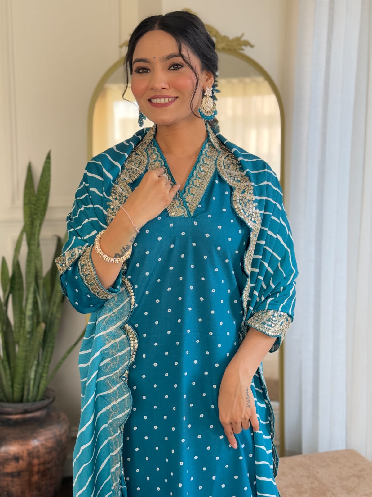 BLUE COLOURED  WOMEN'S  REYON  EMBROIDERED  KURTA WITH PANT DUPATTA SET