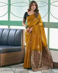 Trendy Banarasi Litchi Silk Saree for Women | Jacquard Gold Zari Woven Traditional Indian Saree with Running Blouse | Wedding, Party & Festive Wear