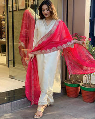 WHITE COLOURED WOMEN  EMBROIDERY WORK KURTA SET