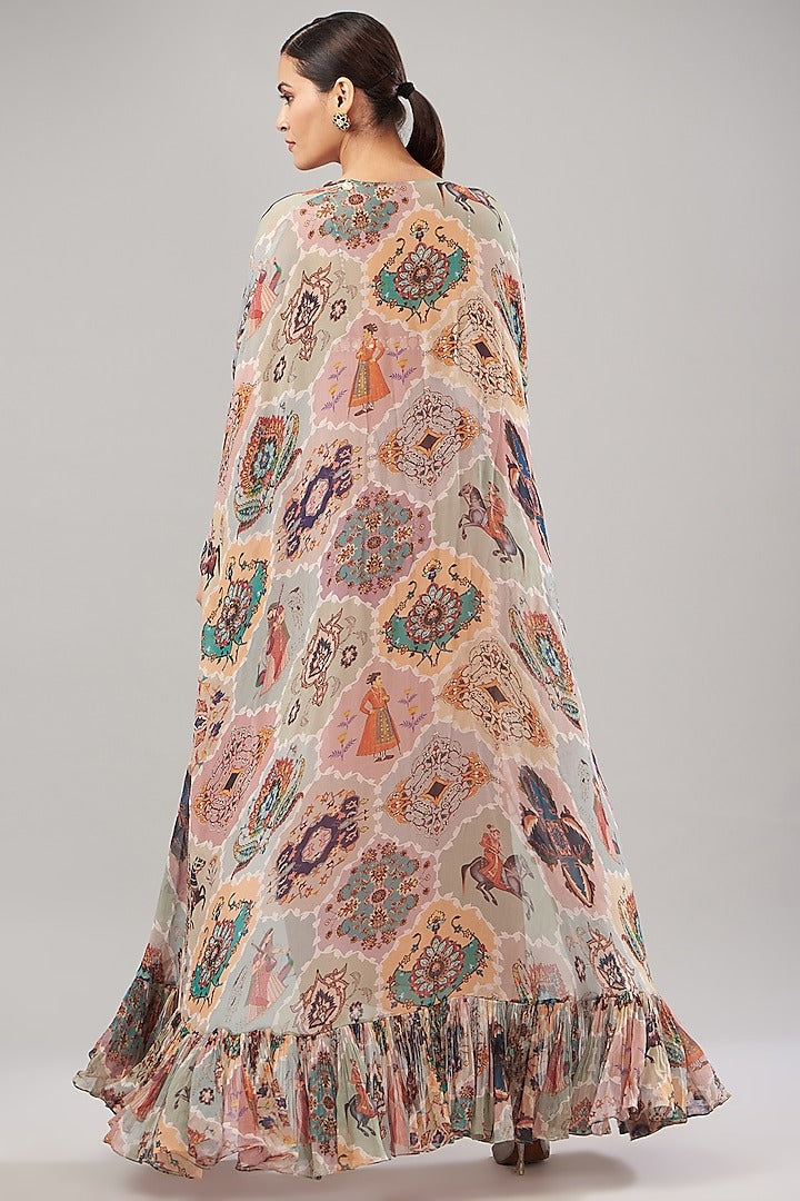 Pastel Georgette Printed & Embroidered Cape Set