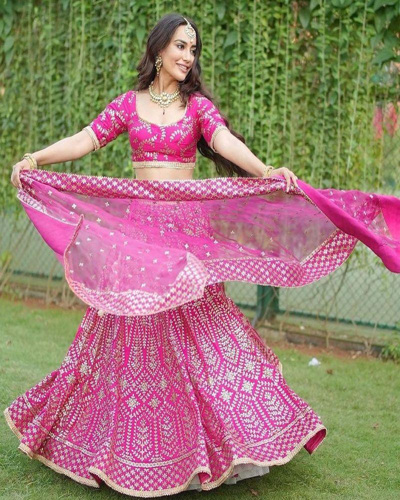 Pink Malai satin zari embroidery Lehenga choli