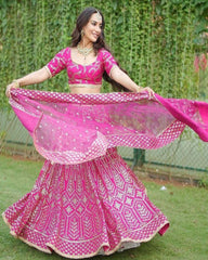 Pink Malai satin zari embroidery Lehenga choli