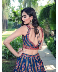 Blue color chinon silk designer embroidery lehenga choli