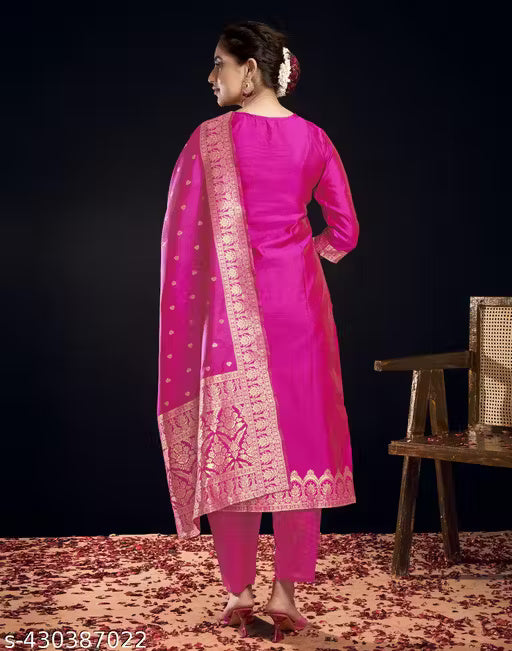 SKYLEE Women’s Silk Blend Kurta Set – Gold & Pink Dyed Straight Kurta with Pants & Dupatta | Elegant Ethnic Wear for Wedding, Festive & Party | Ready to Wear Indian Kurti Set Malaysia