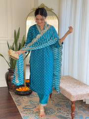 BLUE COLOURED  WOMEN'S  REYON  EMBROIDERED  KURTA WITH PANT DUPATTA SET