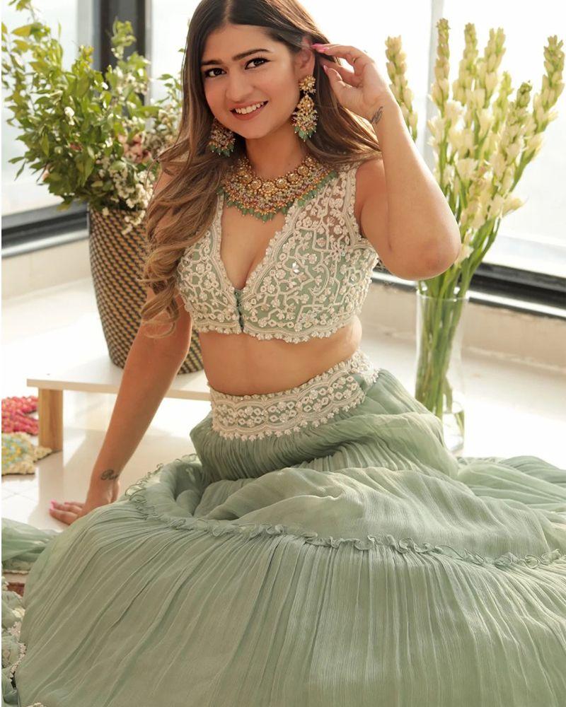 Sea Green Party Wear Georgette Crush Work Lehenga Choli