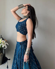 Blue Colored Faux Georgette Sequence Work Lehenga Choli