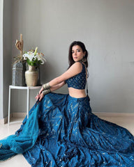 Blue Colored Faux Georgette Sequence Work Lehenga Choli