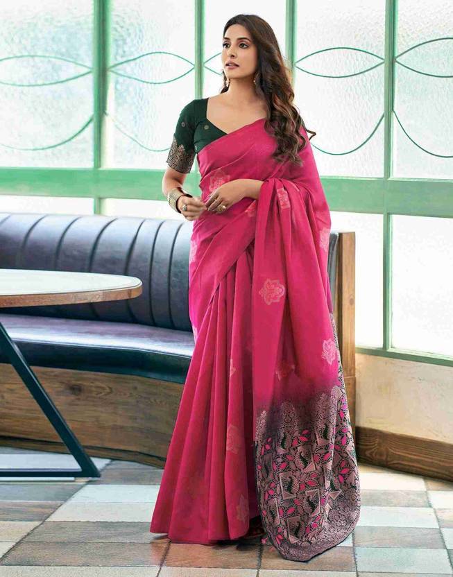 Trendy Banarasi Litchi Silk Saree for Women | Jacquard Gold Zari Woven Traditional Indian Saree with Running Blouse | Wedding, Party & Festive Wear