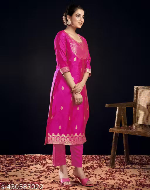 SKYLEE Women’s Silk Blend Kurta Set – Gold & Pink Dyed Straight Kurta with Pants & Dupatta | Elegant Ethnic Wear for Wedding, Festive & Party | Ready to Wear Indian Kurti Set Malaysia