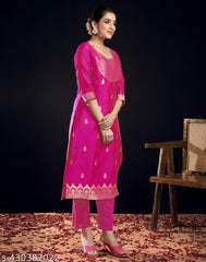 SKYLEE Women’s Silk Blend Kurta Set – Gold & Pink Dyed Straight Kurta with Pants & Dupatta | Elegant Ethnic Wear for Wedding, Festive & Party | Ready to Wear Indian Kurti Set Malaysia
